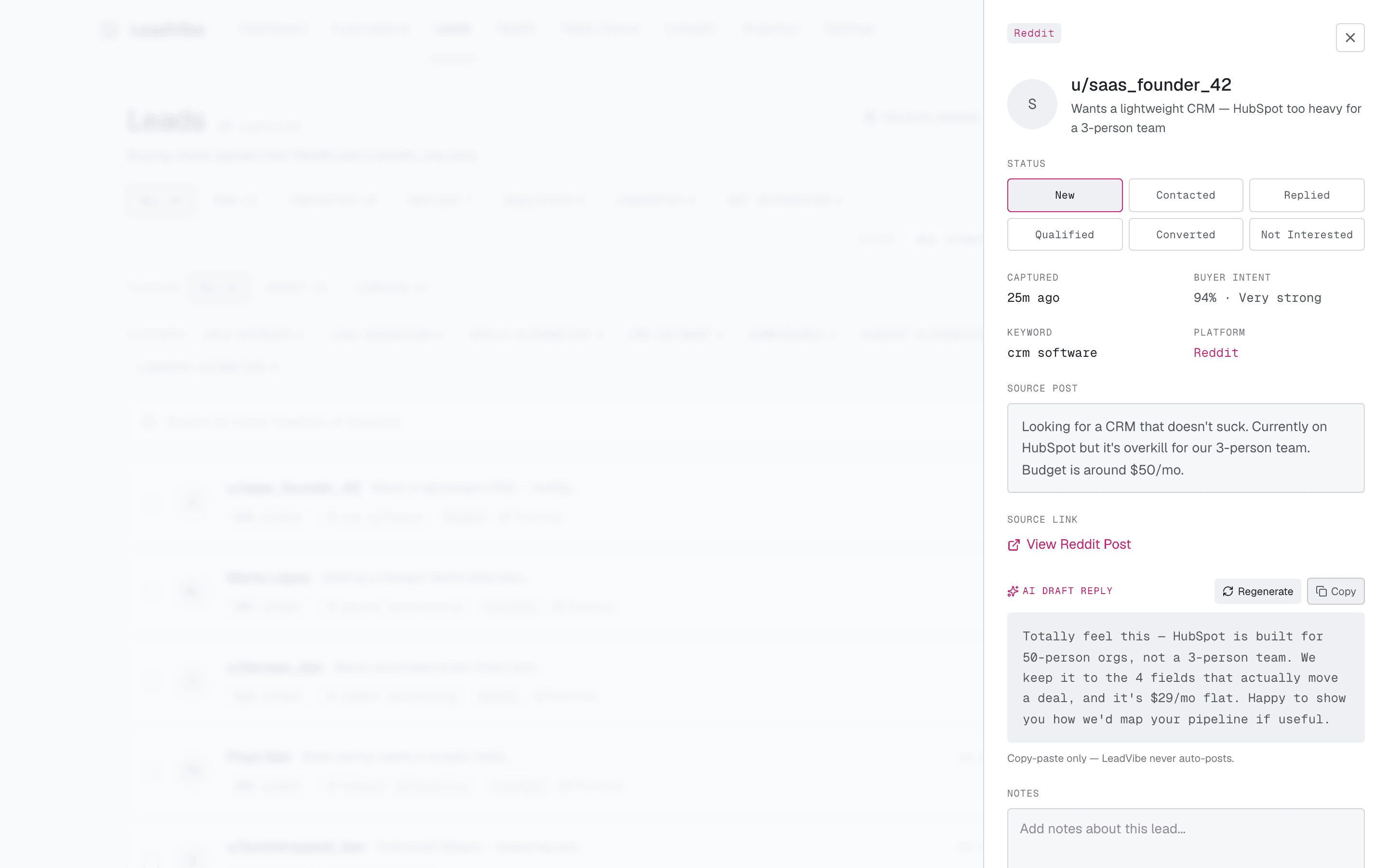 PluckLead lead detail drawer showing a 94% buyer-intent score, the new-to-converted status pipeline, and an AI draft reply with a Copy button.