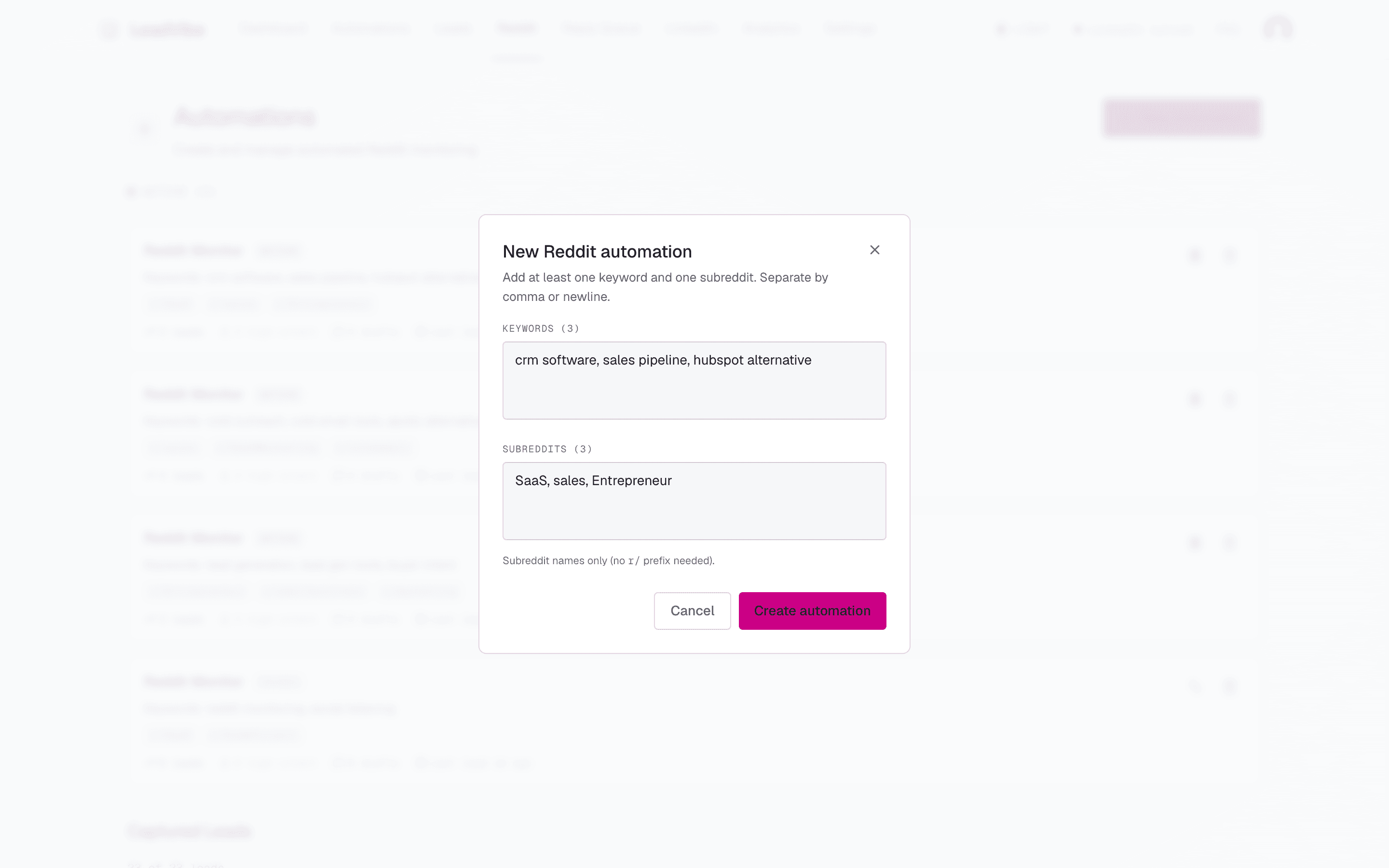 The PluckLead New Reddit automation dialog with keywords (crm software, sales pipeline, hubspot alternative) and subreddits (SaaS, sales, Entrepreneur) filled in.