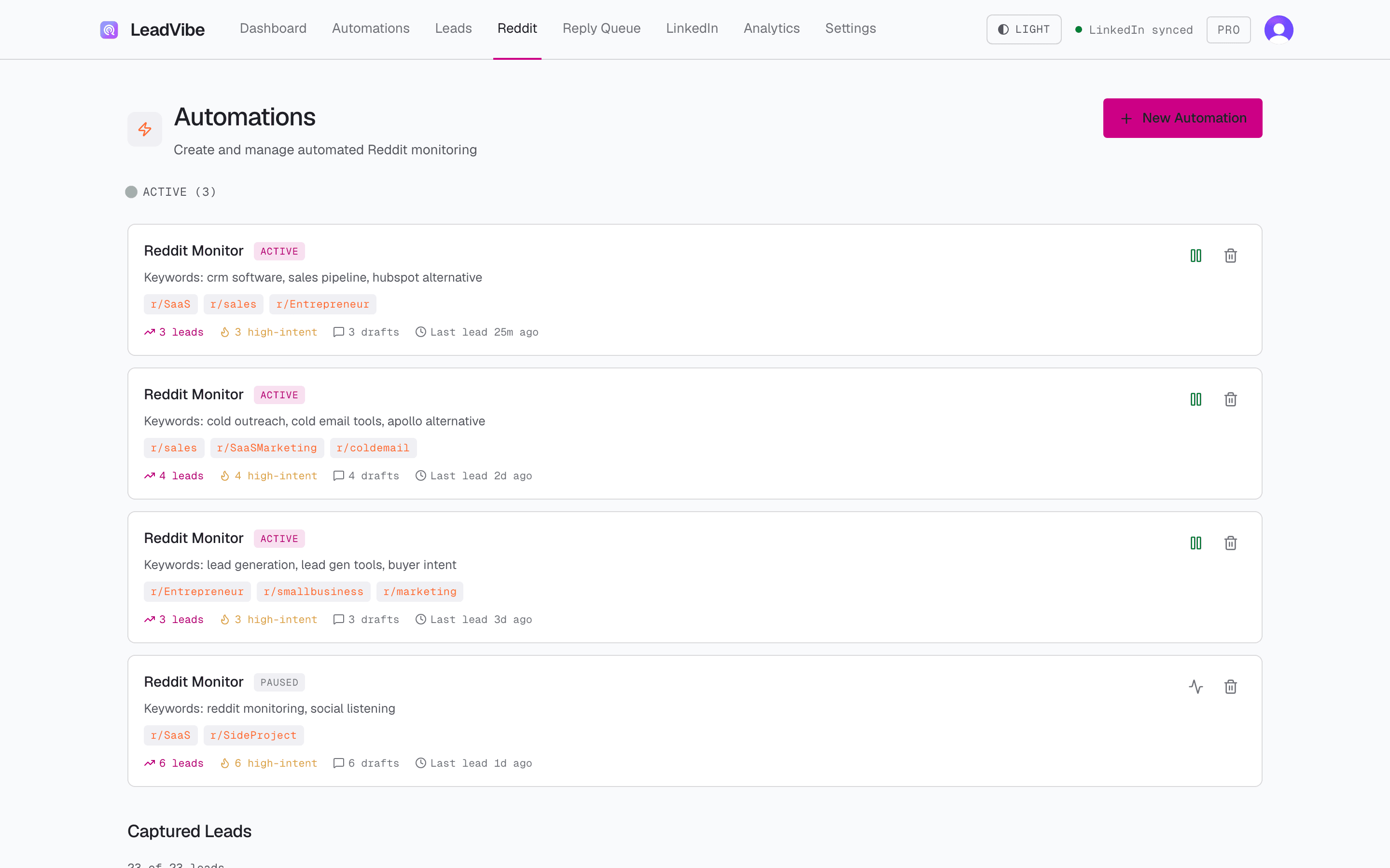 PluckLead Reddit Sniper showing four keyword monitors across subreddits with per-monitor lead counts, high-intent counts, and AI draft counts.
